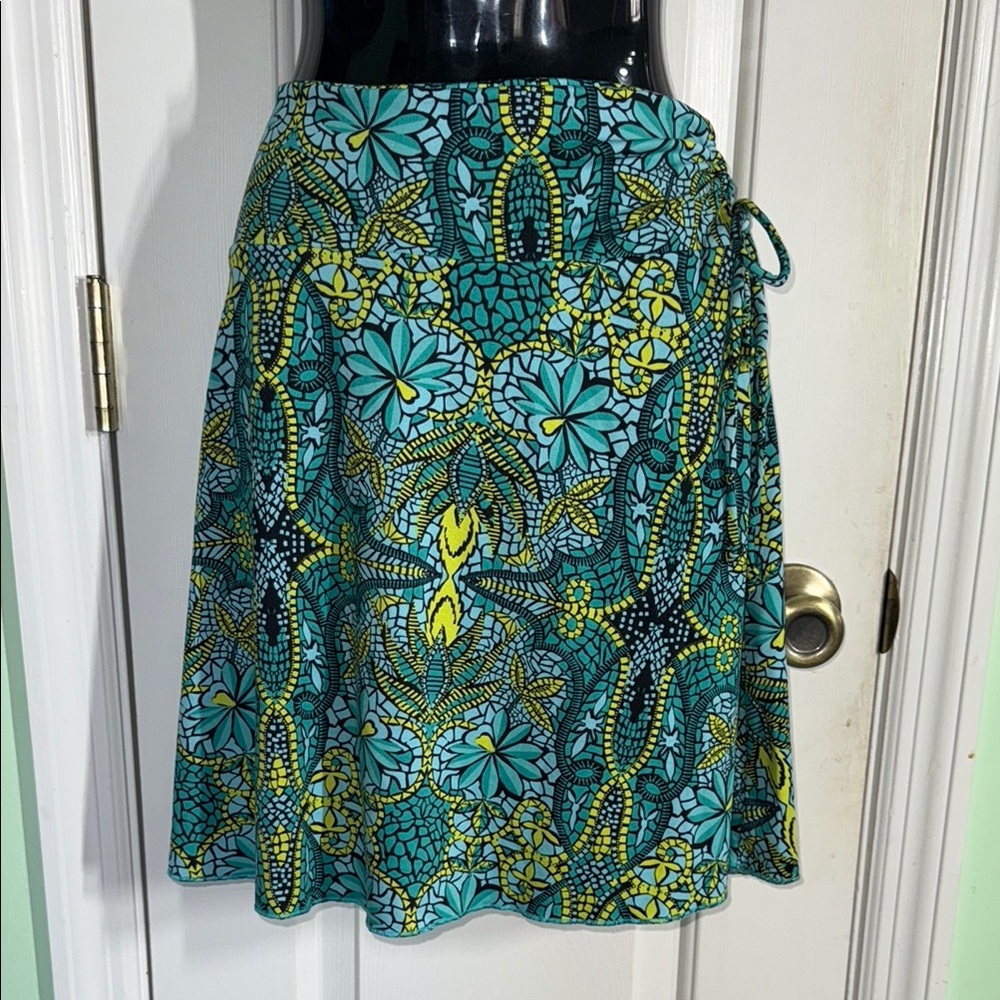 Tulah Teal/Lime Floral Patterned Ruched Waist Knee Length Skirt Size Large